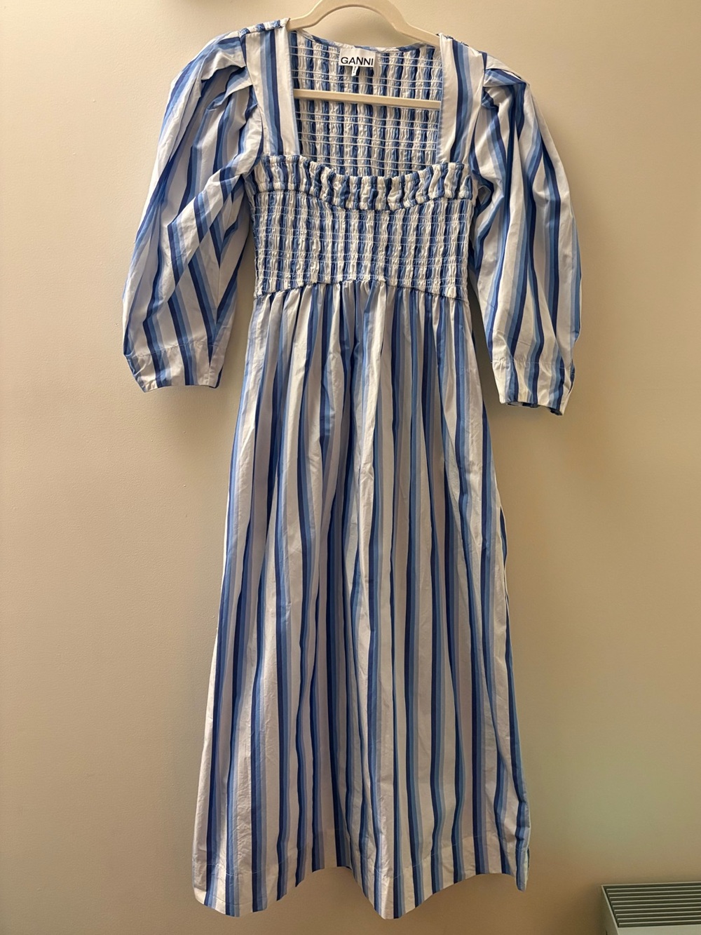 Ganni Blue and White Striped Smocked Midi Dress
